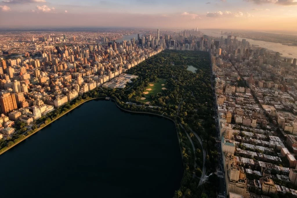 Aerial view of the sunset on Central Park, New York City