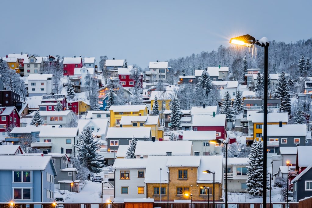 Hillside houses in Tromso in winter