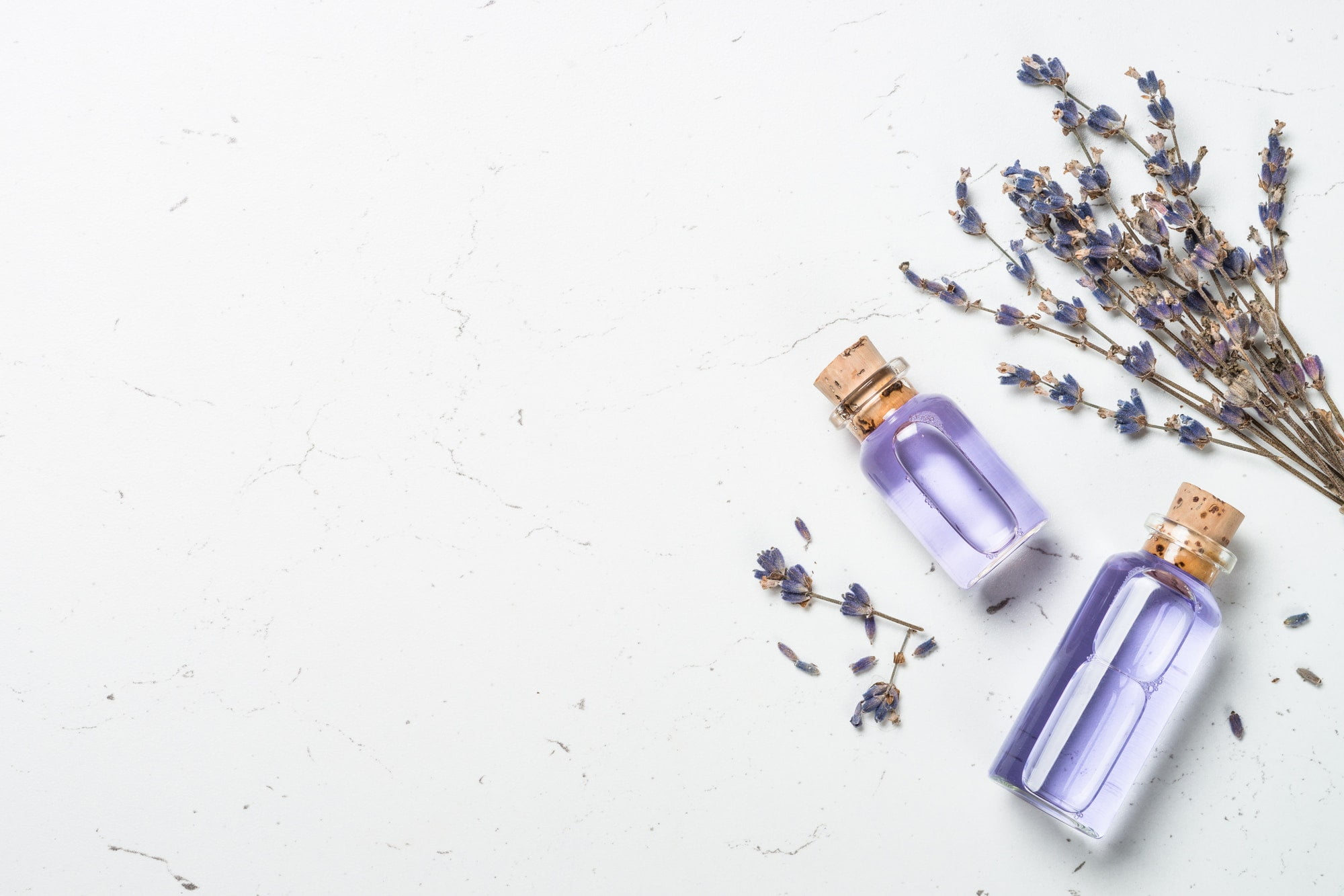 Lavender essential oil on white
