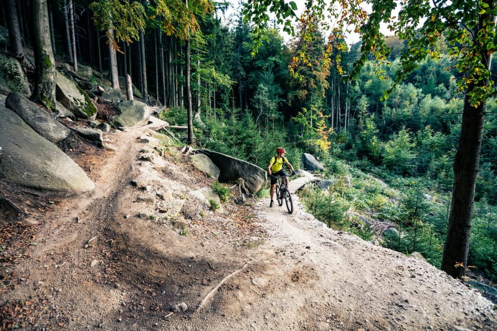 Mountain biker riding cycling in autumn forest - health benefits of mountain biking